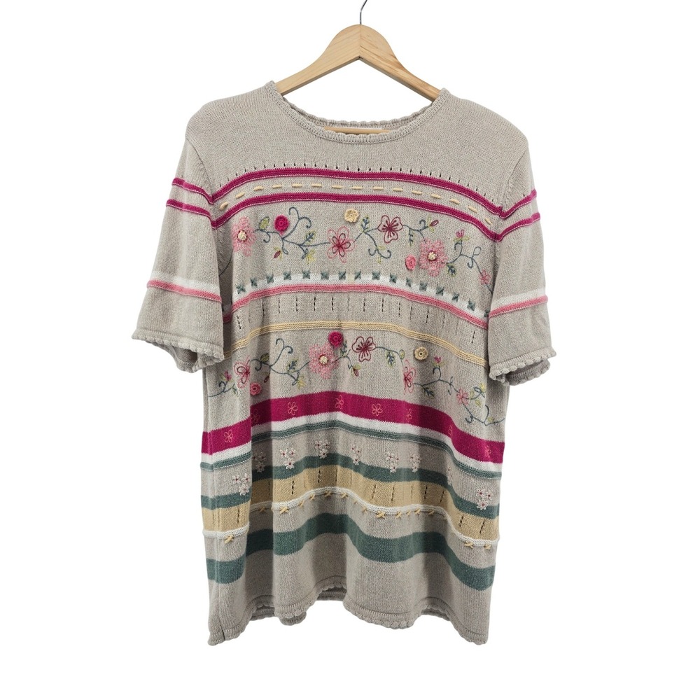Alfred‎ Dunner Sweater Womens XL Beige Floral Embroidered Short Sleeve Knit Top